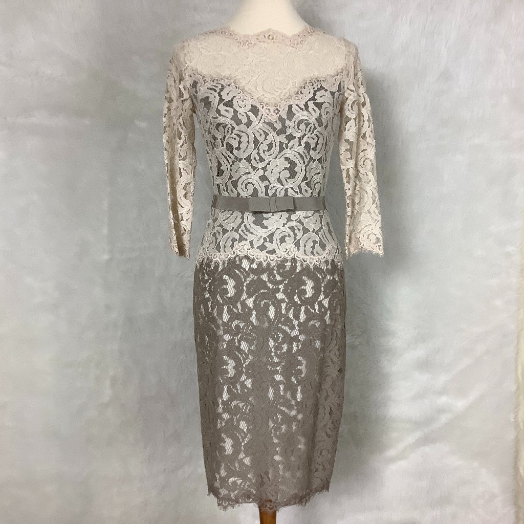 Tadashi Shoji Ivory & Gray Beige ¾ Sleeve Lace Dress Grosgrain Ribbon Dress 2